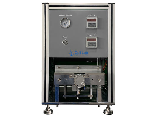 Cell Lab pneumatic pouch cell edge folding machine with adjustable mould width and foot pedal control. Ideal for lithium-ion battery R&D, offering precision, efficiency, and repeatability.