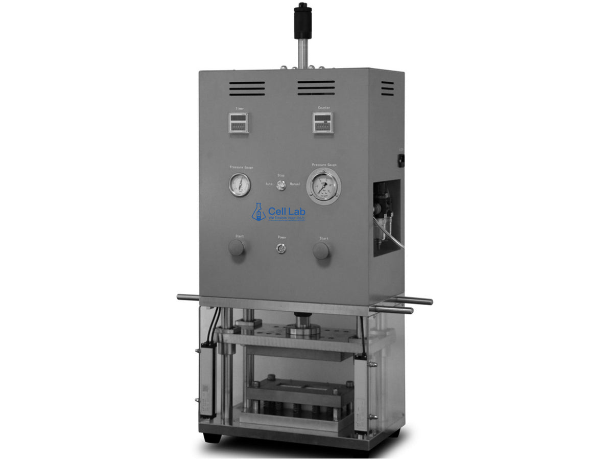 Cell Lab pouch cell forming machine (5 T, ≤6 mm) for aluminium-laminated film shaping offers precise, adjustable mould depth and compact lab design for lithium battery R&D and pilot production.