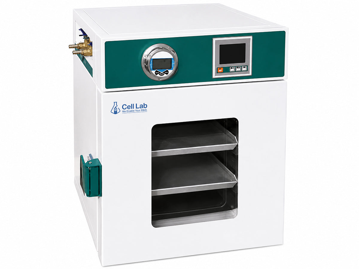 Cell Lab precision vacuum drying oven with LCD vacuum display, SUS chamber and PID temperature control for laboratory and industrial drying applications.