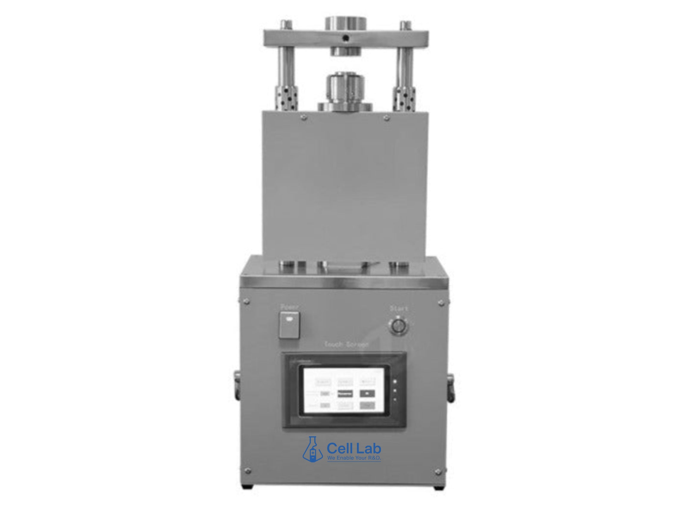 Cell Lab electric coin-cell crimper for CR20XX batteries provides up to 1200 kg adjustable pressure, PLC touchscreen control, and glovebox-compatible design for precise laboratory sealing.