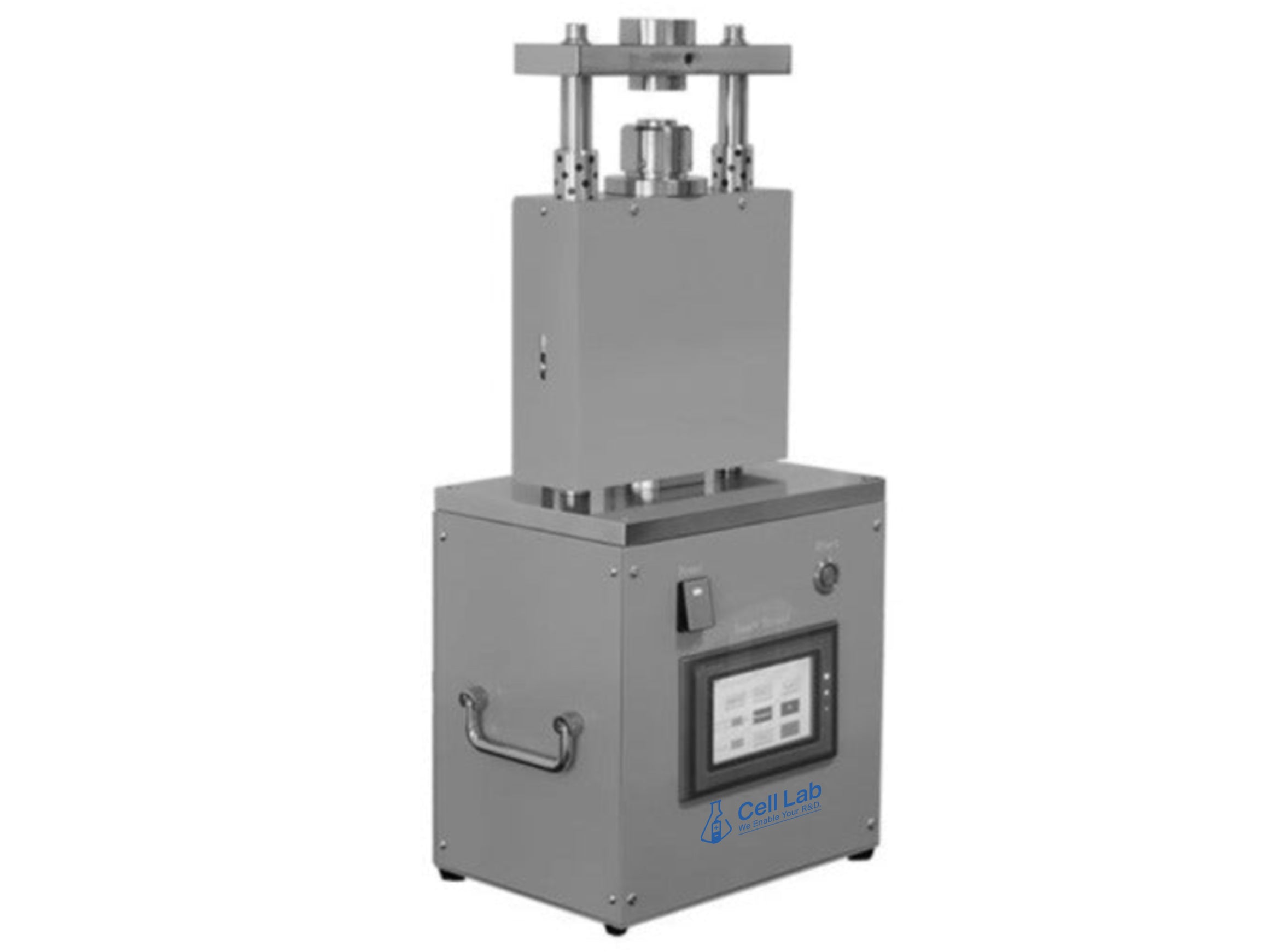 Cell Lab electric coin-cell crimper for CR20XX batteries provides up to 1200 kg adjustable pressure, PLC touchscreen control, and glovebox-compatible design for precise laboratory sealing.