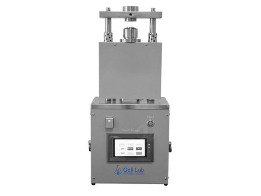 Cell Lab electric coin-cell crimper for CR20XX batteries provides up to 1200 kg adjustable pressure, PLC touchscreen control, and glovebox-compatible design for precise laboratory sealing.