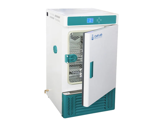 Cell Lab refrigerated incubator series with forced convection airflow, 70L–250L capacities and 0–65 °C operation for BOD testing and microbiology laboratories.
