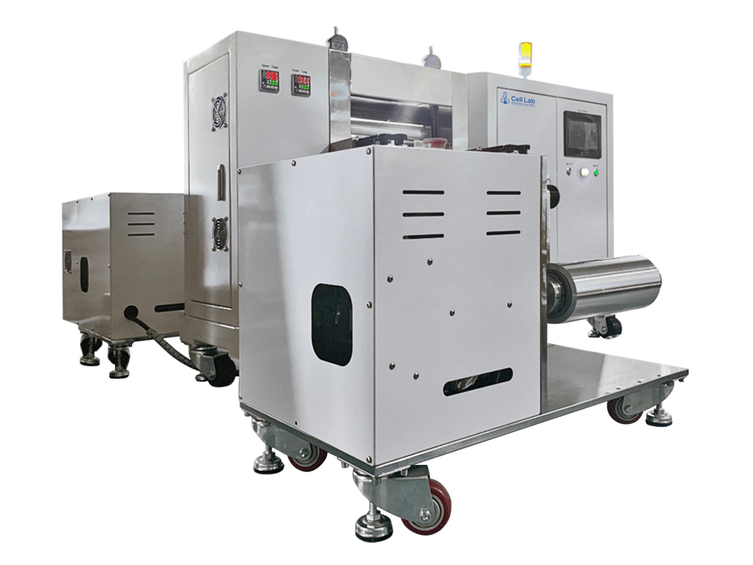 Cell Lab roll-to-roll hydraulic rolling press machine with servo hydraulic control and heating system offers ±0.002 mm uniformity and 40-ton pressure for continuous electrode processing in battery R&D.