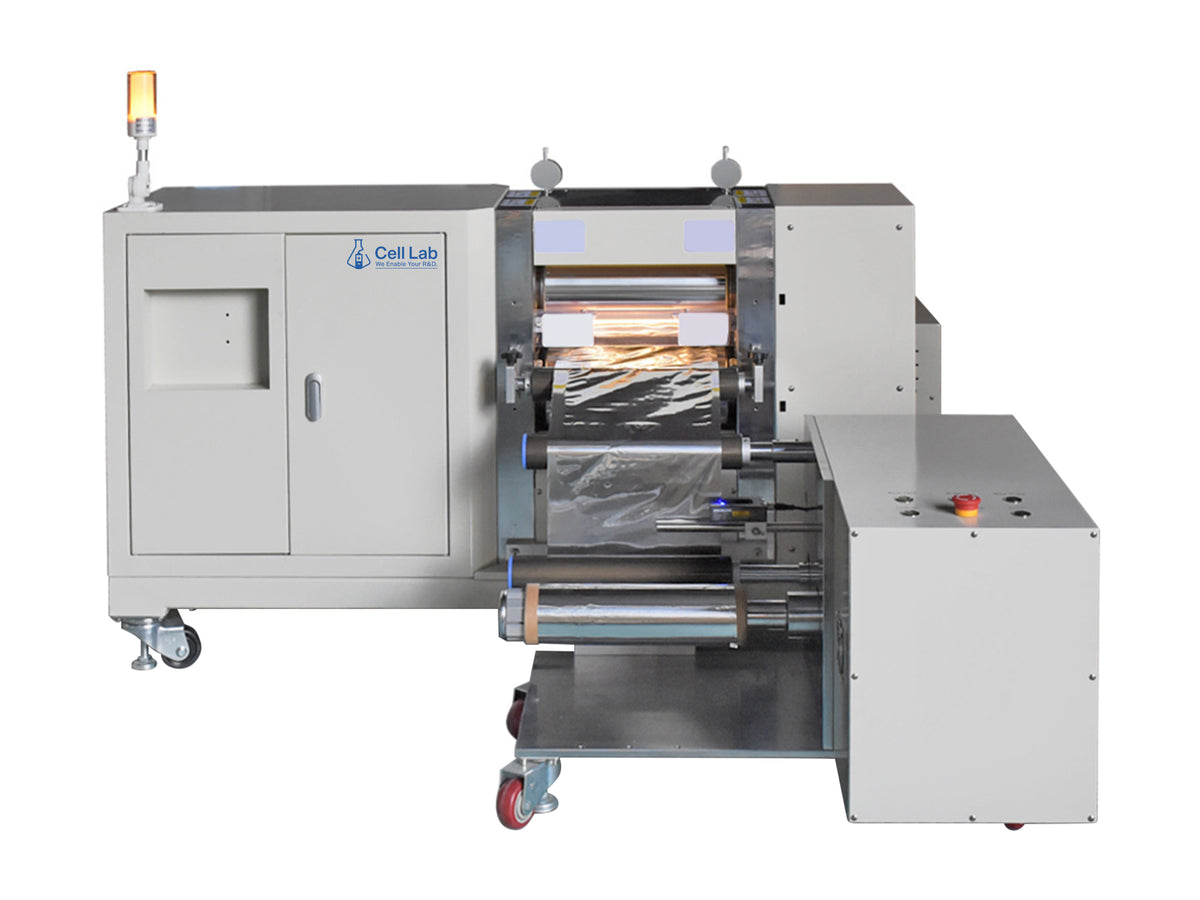 Cell Lab roll-to-roll hydraulic rolling press machine with servo hydraulic control and heating system offers ±0.002 mm uniformity and 40-ton pressure for continuous electrode processing in battery R&D.