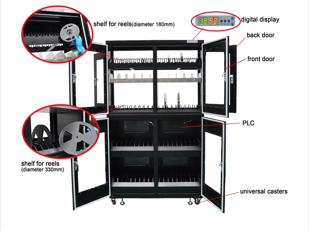 Cell Lab SMT reel storage cabinet with 870 L capacity and 1–60 % RH humidity control. Ideal for SMD, semiconductor, and electronics storage with PLC precision, stainless steel body, and ESD-safe design.