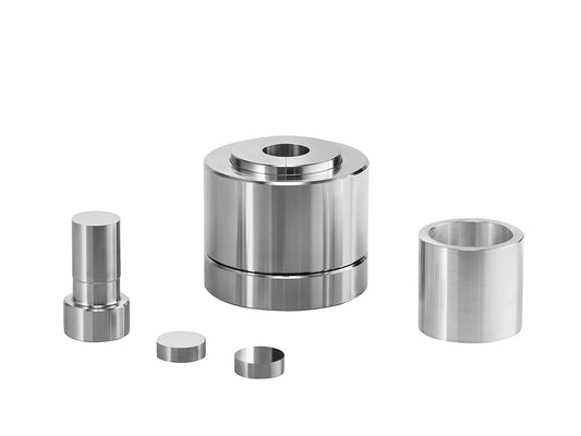 Cell Lab split type dry pellet pressing die set — stainless steel, large-diameter cavity for ceramics, metals & spectroscopy pellet preparation.