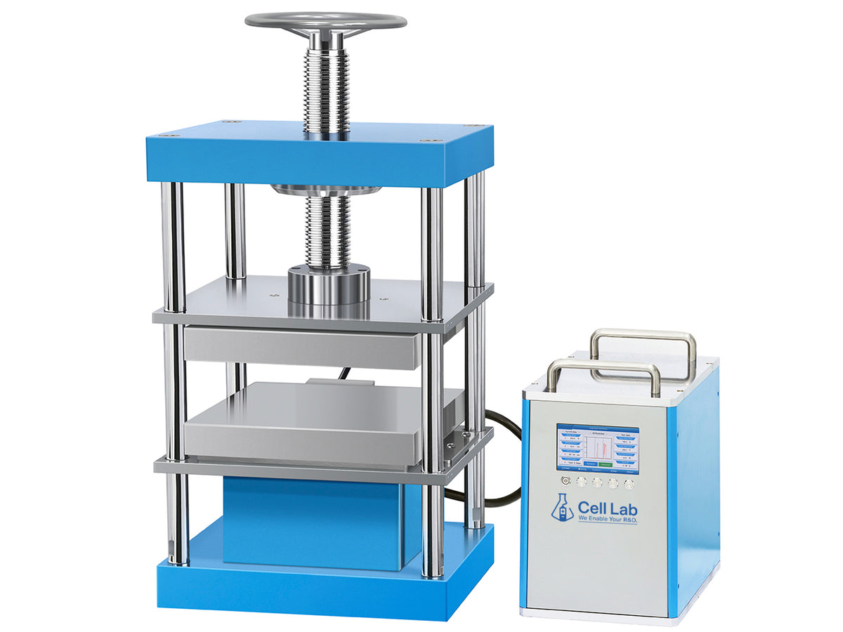 Cell Lab 40T Split Type Electric Heated Lab Press with dual 400 × 400 mm plates, up to 300 °C heating, and electric hydraulic system. Available with or without water chiller for rapid cooling. Ideal for polymer, ceramics, electrodes, and materials R&D.
