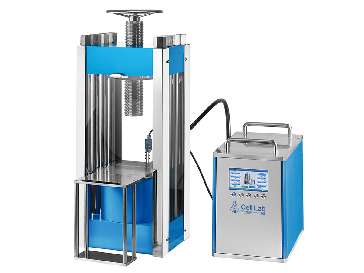 Cell Lab Split Type Electric Hydraulic Pellet Press (150T & 200T models) with 7" LCD control, unlimited pressure holding, and safety shield. Ideal for battery R&D, ceramics, catalysis, and FTIR/XRF sample preparation.