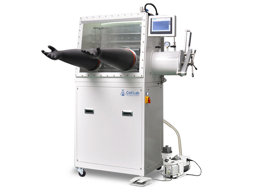 Cell Lab stainless steel glove boxes with gas purification system maintain O₂ / H₂O < 1 ppm for battery, OLED, and semiconductor research.