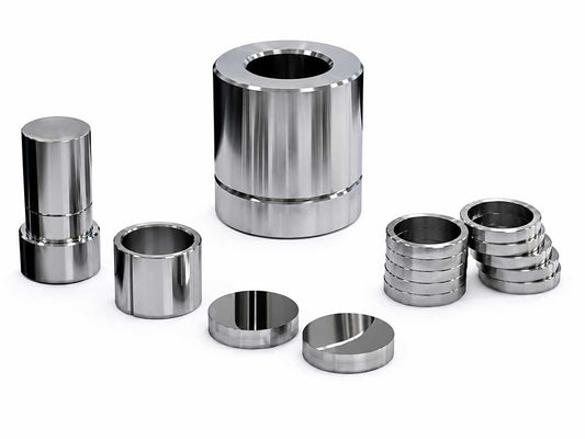 Cell Lab steel ring pellet pressing die set for XRF sample preparation, made from Cr12MoV alloy steel with multiple ring sizes for accurate elemental analysis.
