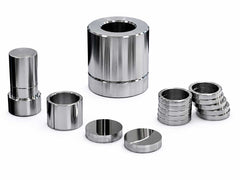 Cell Lab steel ring pellet pressing die set for XRF sample preparation, made from Cr12MoV alloy steel with multiple ring sizes for accurate elemental analysis.
