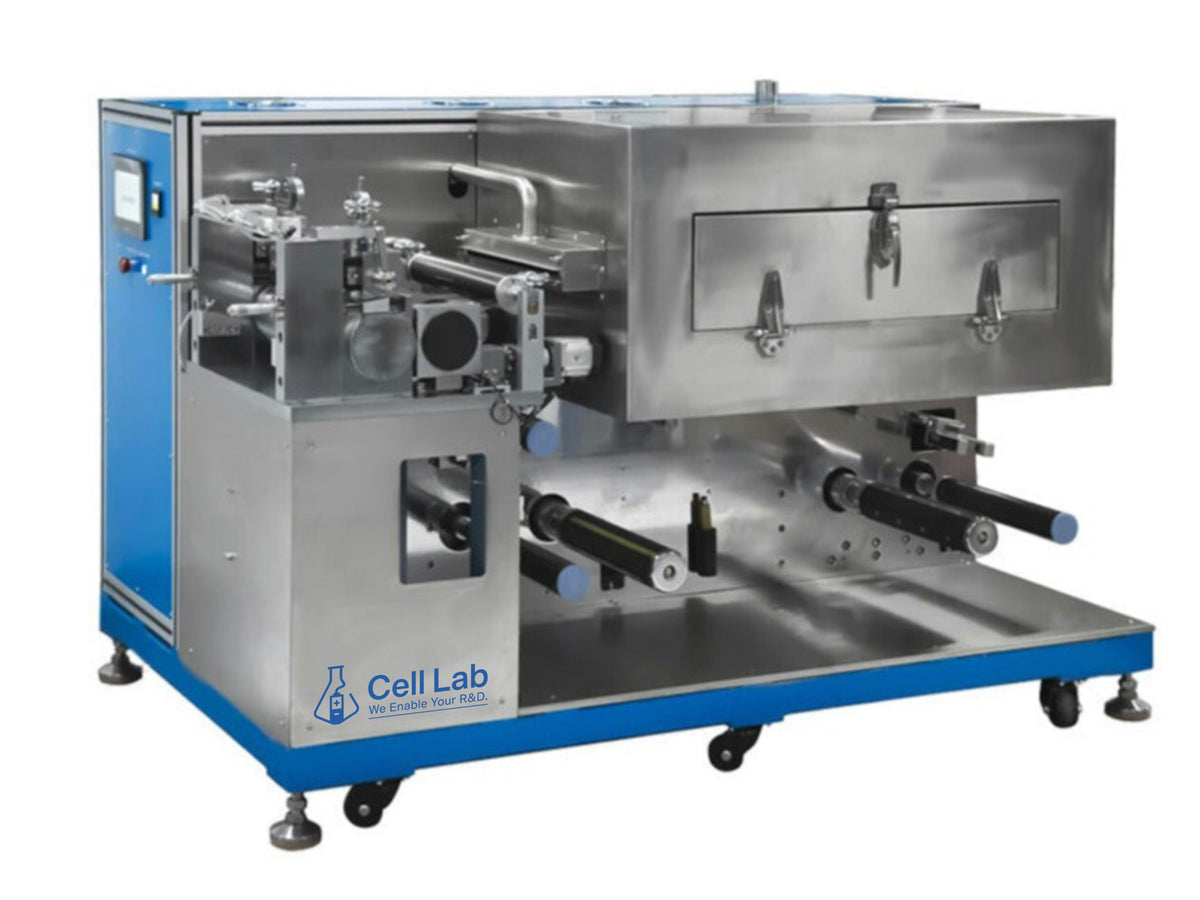 Cell Lab three-roll transfer coating machine for lithium battery electrodes offers precision continuous / intermittent coating on Cu and Al foils up to 330 mm wide, PLC control, and full modular customisation for R&D and pilot lines.