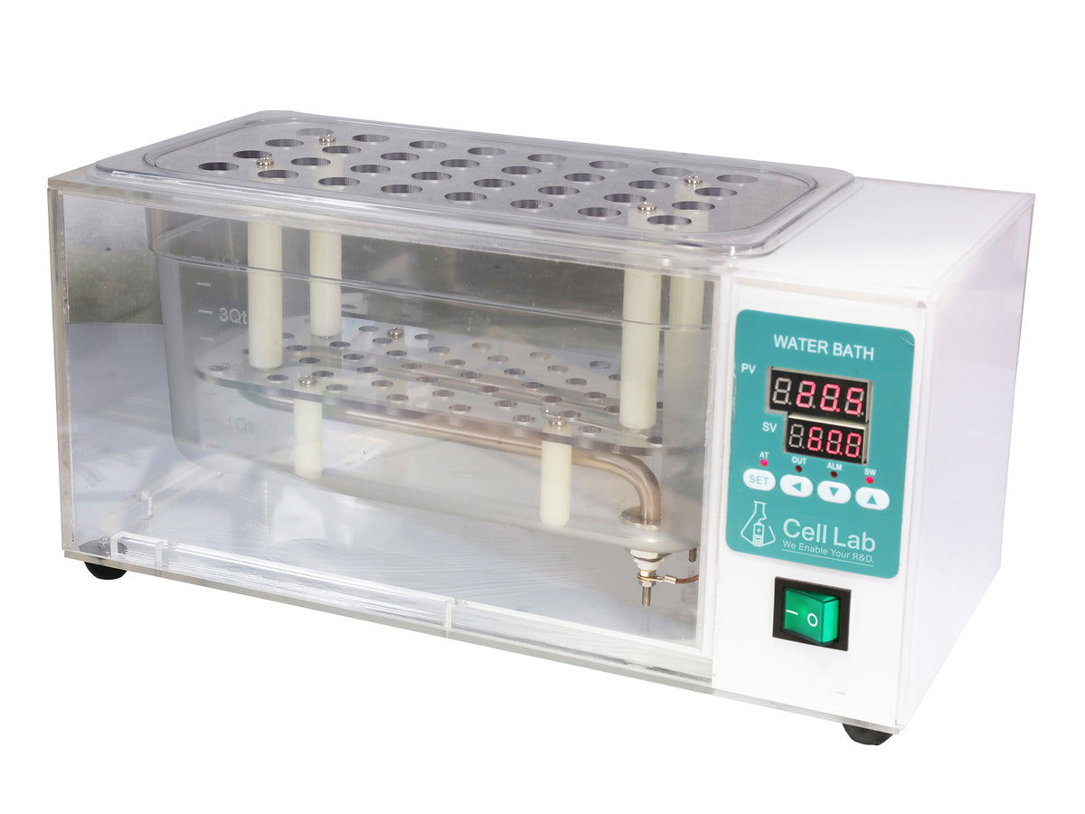 Cell Lab Transparent laboratory water bath with digital temperature control for precision heating and sample observation. Ideal for scientific experiments, educational labs, and temperature-sensitive research.